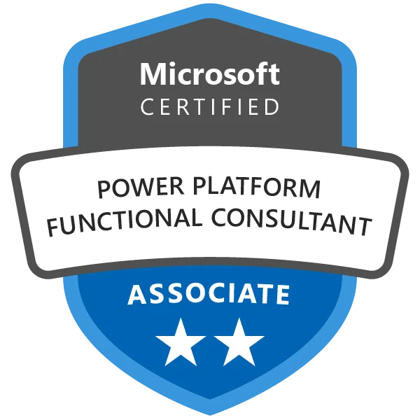 Microsoft Power Platform Functional Consultant sertifiseringsbadge oppnådd etter deltakelse på PL-200 Kurs