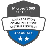 Certificeret Microsoft Collaborations Communications Systems Engineer-badge opnået efter deltagelse i MS-721 kursus og eksamen
